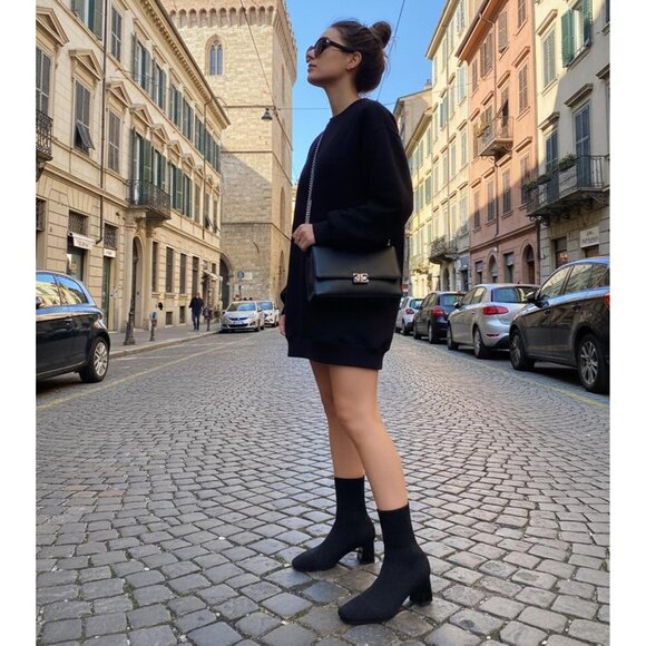 Women's Black Dressy Comfy Knit Sock Square Toe Chunky Heel Slip On Booties - Picture 3 of 6